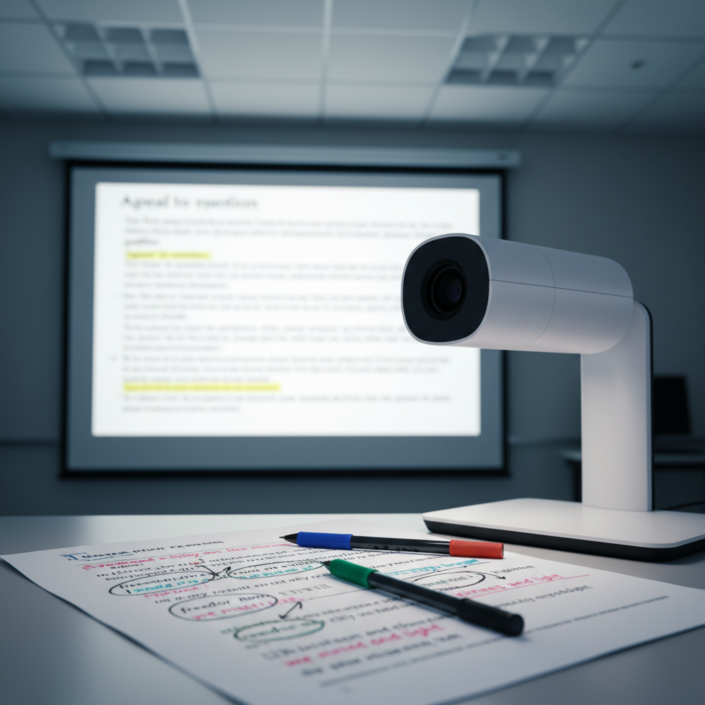 A classroom document camera station set up to model close reading of a speech. Under the camera, a printed speech transcript is annotated with multi-colored pens, circles around repeated phrases and arrows pointing to examples of imagery and contrast. On the connected projector screen in the background, the enlarged text shows highlighted lines and marginal notes like “appeal to emotion” and “call to action.” The room is lit with balanced overhead fluorescent lighting, producing clear, even illumination without harsh shadows. Photographic realism at a slight three-quarter angle, with the document in sharp focus and the projected screen softly blurred, creating a professional, instructional mood.