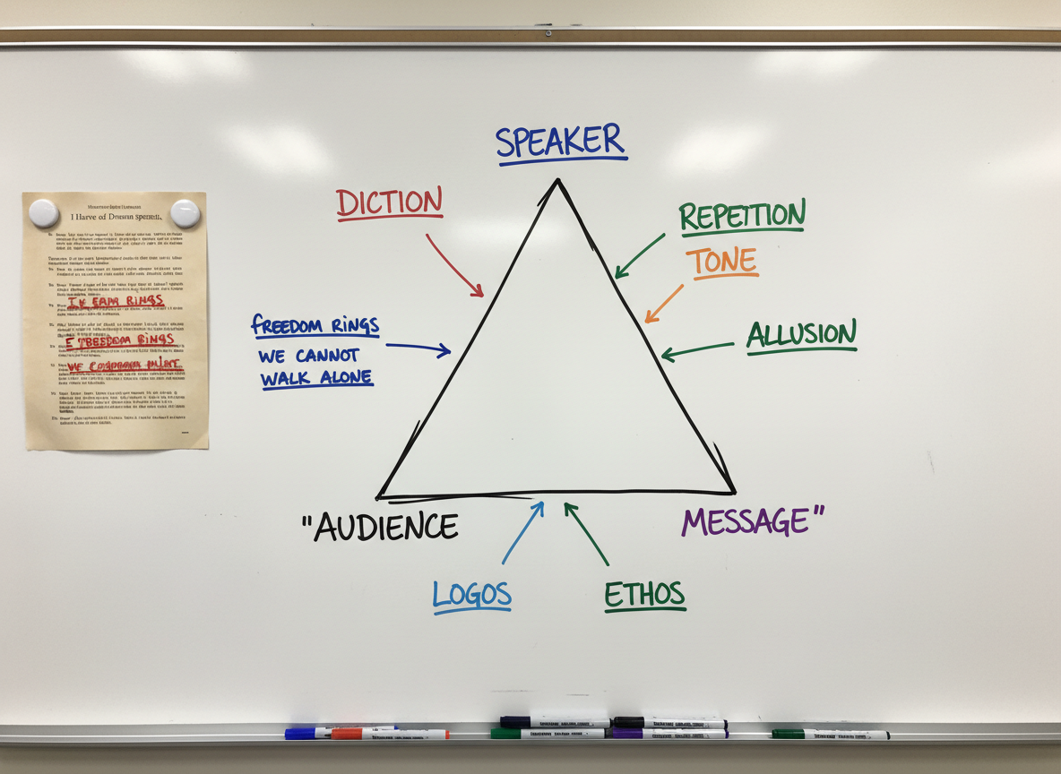 A polished whiteboard in a secondary ELA classroom filled with a carefully drawn rhetorical analysis of a famous speech. A printed transcript is magnetically attached to one side, with key lines underlined in red and blue. On the board, a large, neatly sketched rhetorical triangle labeled “speaker,” “audience,” and “message” is surrounded by clearly written terms like “diction,” “tone,” “repetition,” and “allusion,” each in different marker colors. Fresh dry-erase markers rest in a tray below. Soft overhead classroom lighting creates even, neutral illumination with minimal reflections. Photographic realism, eye-level composition, and a professional, academic mood highlight clarity and structure without visual clutter.