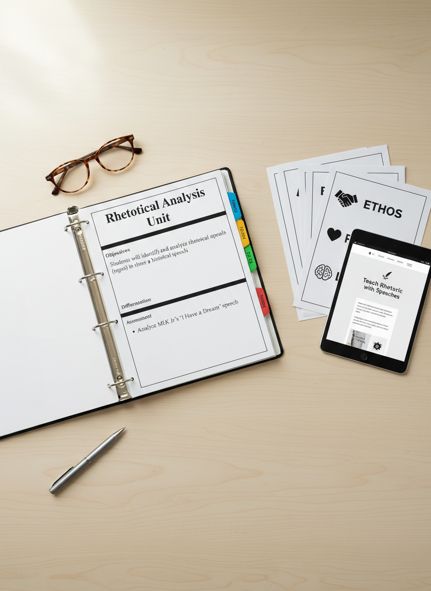 An organized lesson-planning workspace featuring an open binder labeled “Rhetorical Analysis Unit” with tabbed sections for different grade levels. Inside, a visible page shows a clearly formatted lesson plan for analyzing a notable speech, with headings like “Objectives,” “Activities,” and “Assessment.” Next to the binder, printed graphic organizers for ethos, pathos, and logos are stacked neatly, each with clean, bold icons. A slim tablet displays a website homepage titled “Teach Rhetoric with Speeches.” The desk surface is clean, light wood, with a single pen and a pair of reading glasses resting nearby. Soft, indirect daylight from off-frame creates a calm, professional atmosphere. Photographic realism, shot overhead for a flat-lay composition, emphasizing organization and clarity.