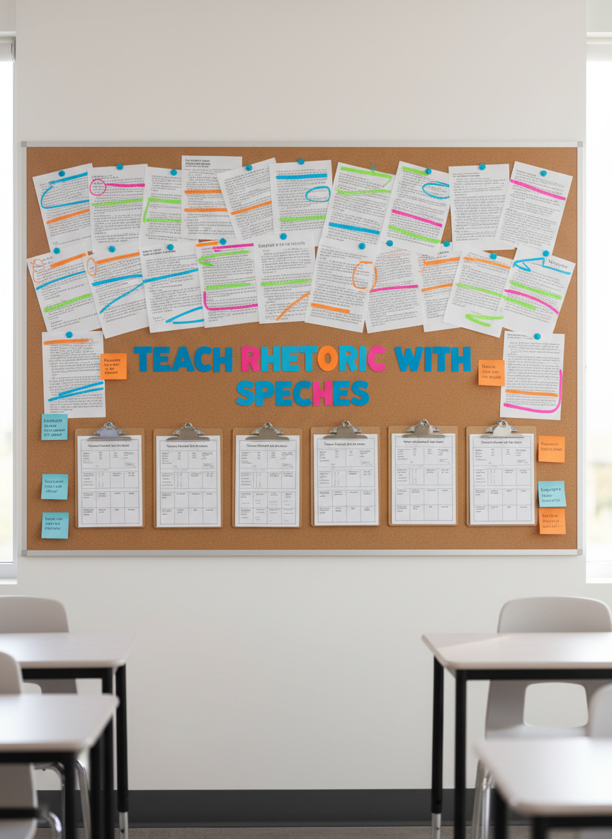 A large bulletin board in a bright, modern classroom, meticulously covered with printed excerpts from famous speeches, each highlighted in different fluorescent colors to mark metaphors, repetition, and parallel structure. Beside each excerpt, color-coded sticky notes explain the rhetorical devices in clear, typed labels. A bold central title reads “Teach Rhetoric with Speeches” in cut-out letters. Below, neatly arranged clipboards hold printed student activities and graphic organizers. Natural afternoon light from unseen windows illuminates the board evenly, enhancing the vivid colors. Shot straight on with photographic realism, balanced composition, and sharp detail, the atmosphere is organized, professional, and inviting for middle and high school learners.