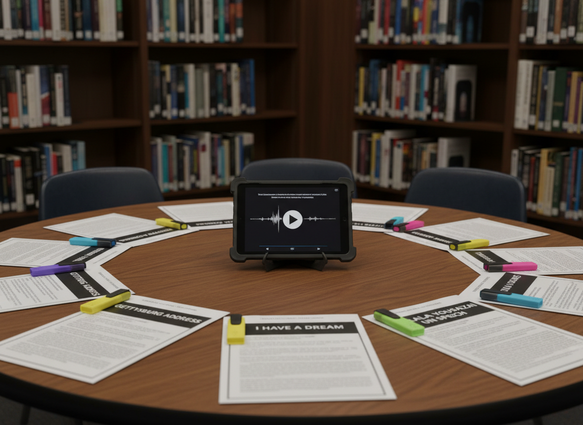 A circular table in a school library set up for a rhetoric lesson, covered with printed copies of diverse historical and contemporary speeches neatly fanned out. Each packet has a bold, typed title page and colored highlighters clipped to the corner. A sturdy tablet on a stand displays a paused audio waveform of a recorded speech. Surrounding shelves hold organized rows of literature and nonfiction titles. Warm, indirect library lighting and soft, ambient shadows create a focused, scholarly atmosphere. Photographic realism from a slightly elevated angle, with shallow depth of field keeping the table in crisp focus while the bookshelves recede gently into a soft blur, conveying a professional and resource-rich learning environment.